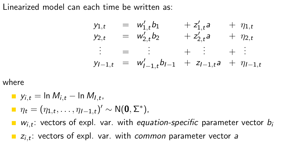 <p>This is only for one time point t. How can we write this down for all time periods in one model? Be specific, really write it down.</p>
