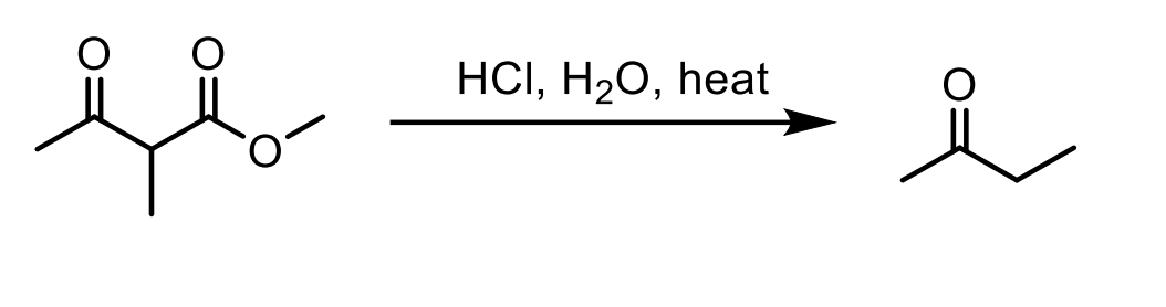 <p>What happens when a beta keto ester (ketone right next to an ester on its beta carbon) is reacted with HCl, H2O, Heat? Draw the mechanism.</p>