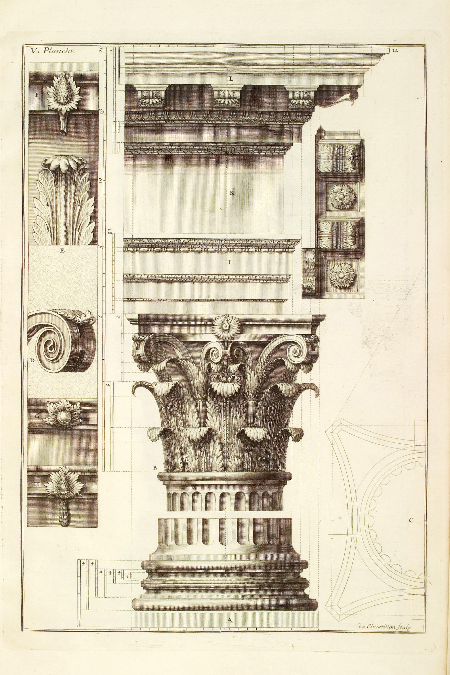 <p>name the features of a pillar in a greek temple in corinthian order, top to bottom </p>