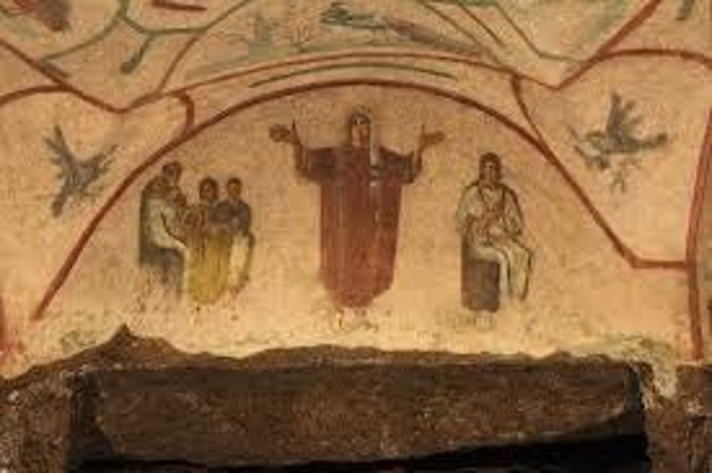 <p>A figure shown standing with arms raised in prayer, a pose adopted by early Christians from earlier Roman funerary imagery where it signified piety and communication with the divine.</p>
