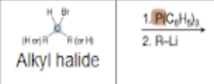 <p>What is the product of the reaction between an alkyl halide and P(C6H5)3 (1st step), and R-Li (2nd step)?</p>
