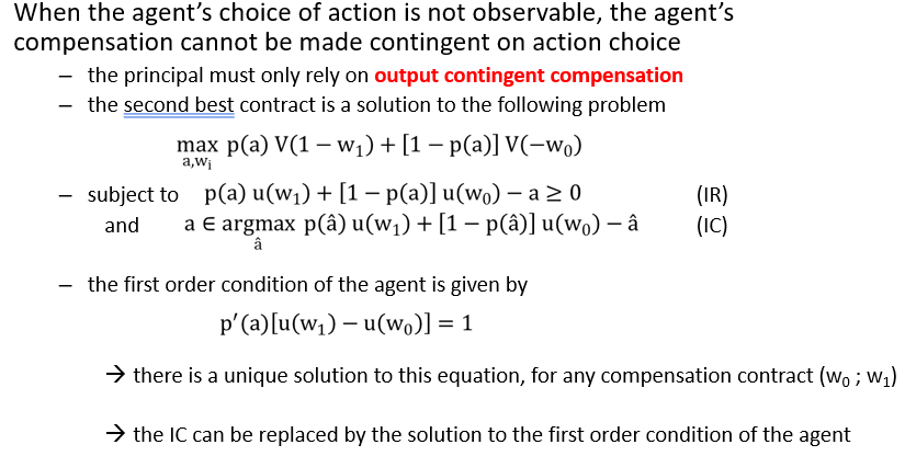 <p>Principal must <strong>rely </strong>solely on <strong>output-based compensatio</strong>n </p><p>=&gt; introduces complications, as the agent’s actions cannot be directly tied to the rewards</p><p>Agent chooses their effort based on how they expect their actions to influence their compensation</p>