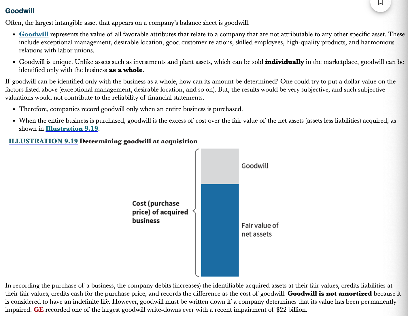 <p>Goodwill represents the value of all favorable attributes that relate to a company that are not attributable to any other specific asset. These include exceptional management, desirable location, good customer relations, skilled employees, high-quality products, and harmonious relations with labor unions</p>
<ul>
<li>Good will is recorded only when an entire business is purchased because it can only be identified with the business as a whole</li>
<li>When the entire business is purchased, goodwill is the excess of cost over the fair value of the net assets (Assets less liabilities) acquired</li>
</ul>
<p>Goodwill is not amortized because it is considered to have an indefinite life</p>
<p>Goodwill must be written down if its value has been permanently impaired</p>