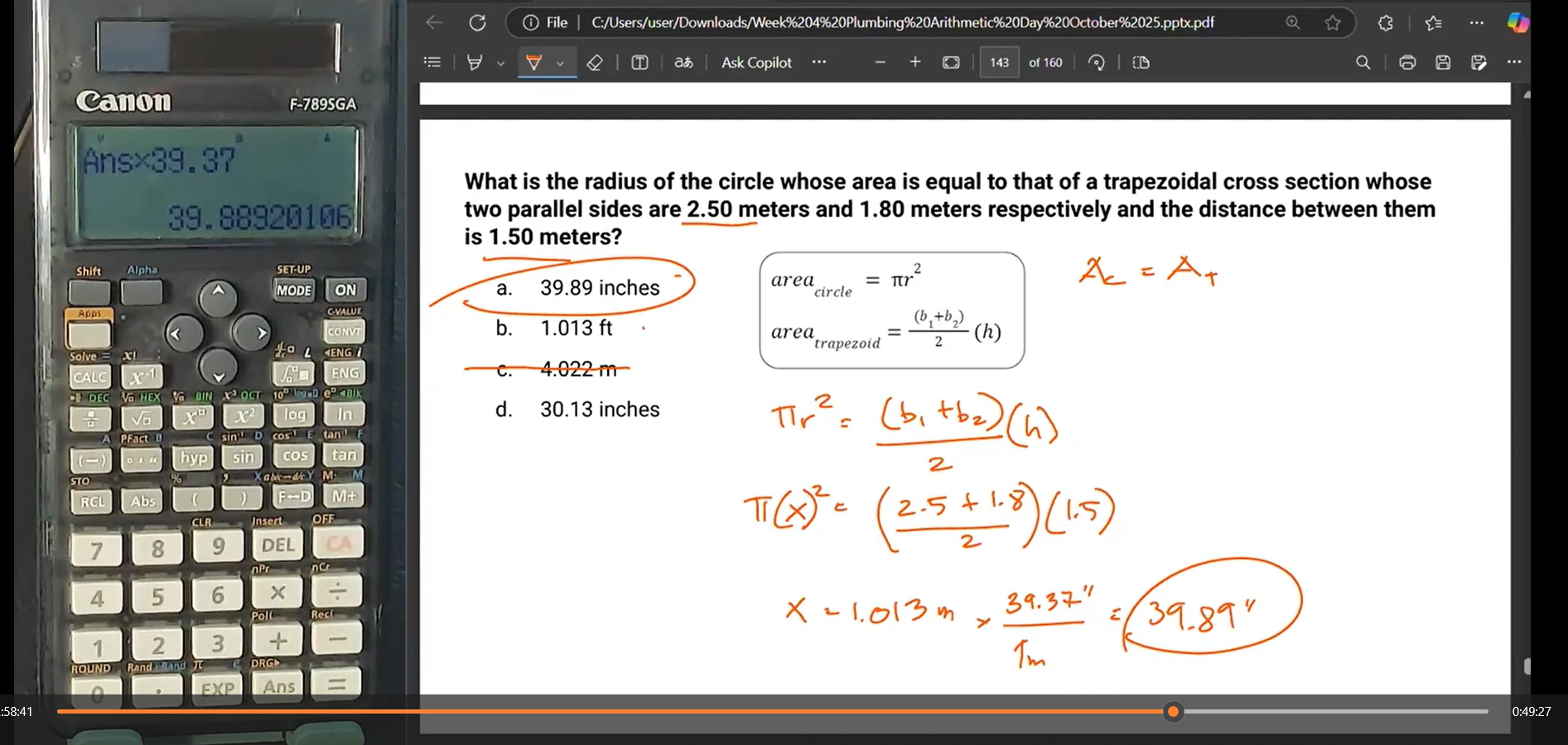 <p>Answer: a. 39.89 inches</p>