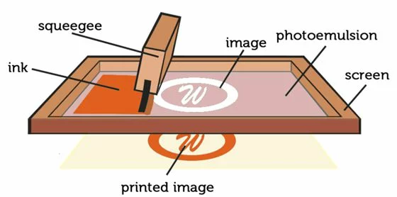 <p>1) a stencil (produced using a light-sensitive emulsion) is used to block off areas as a negative of the image<br>2) ink is spread across the screen using a squeegee and covers the open spaces of the stencil</p>