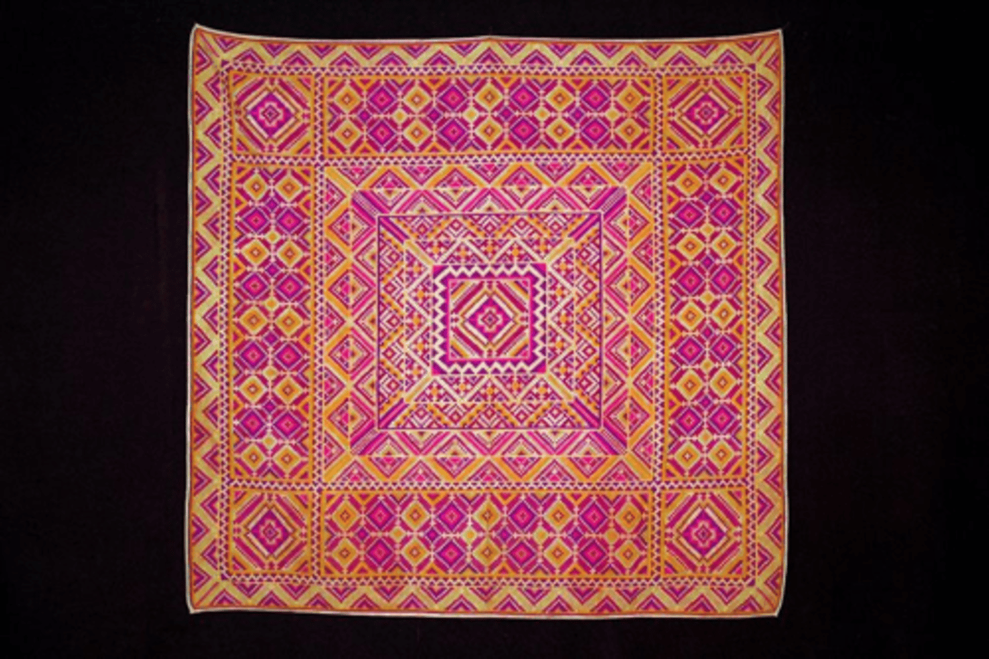 <p>a handwoven cloth made of silk and cotton and square in form with geometric patterns; a multipurpose headdress</p>