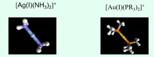 <ul><li><p>Linearity lowers their stability through there being two large areas of attack unless the sterics can work in favour to oppose the attack </p></li><li><p>Additional ligand added to CN 2 complexes can therefore attack and change the coordination </p></li><li><p>In the image, the Au complex is more stable as the R groups are causing steric hinderance and will limit the area of attack more. </p></li><li><p>Whereas, the Ag complex only has NH<sub>3</sub> groups will little steric hinderance leaving it open to attack and low stability. </p></li></ul><p></p>
