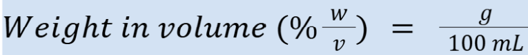 <p>Example: 5% w/v = 5 g/100 mL</p>