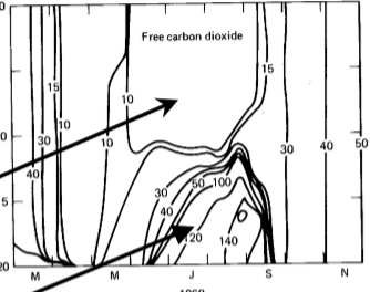 <p>note drawdown of free CO2 in summer and buildup in the hypolimnion </p>