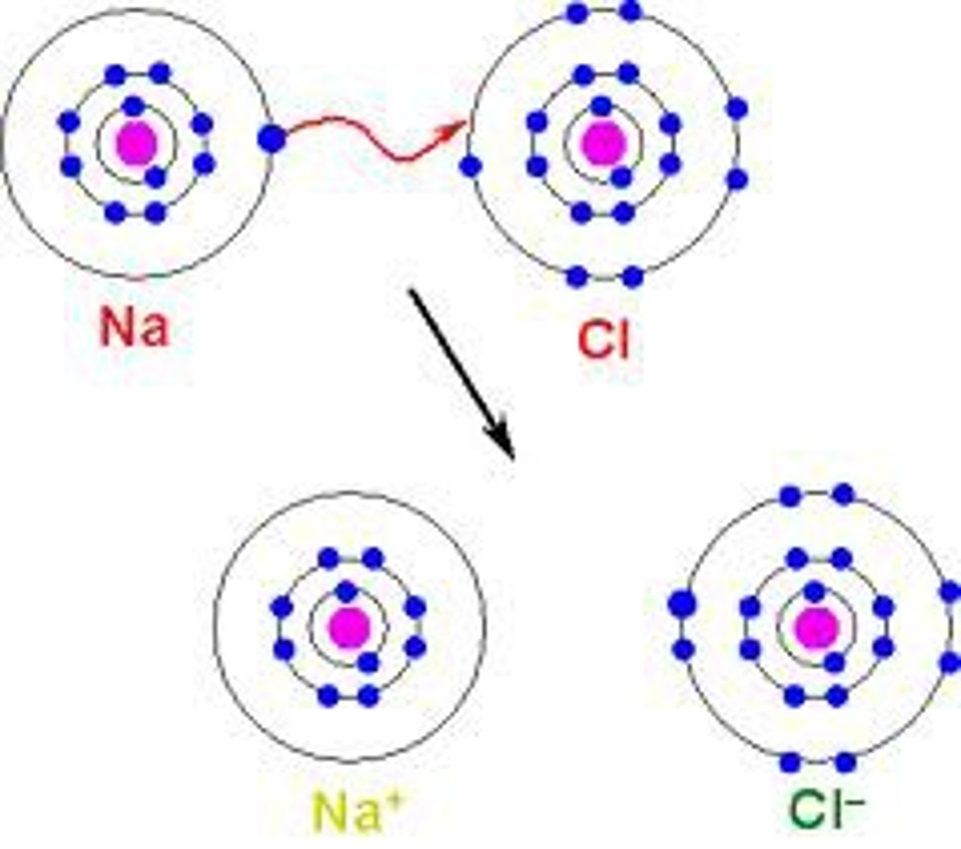 <p>Electrons are transferred from one atom to another.</p>