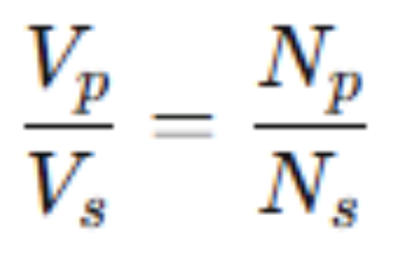 <p>Vs = secondary voltage (output)</p><p>Vp = primary voltage (input)</p><p>Ns = # of turns in the secondary coil</p><p>Np = # of turns in the primary coil</p>