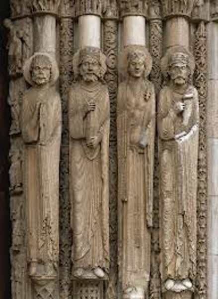 <p>Chartres Cathedral, France; Right side, Central Portal<br>c. 1145-1155; kings and queens of Judea; elongated, column-like bodies</p>