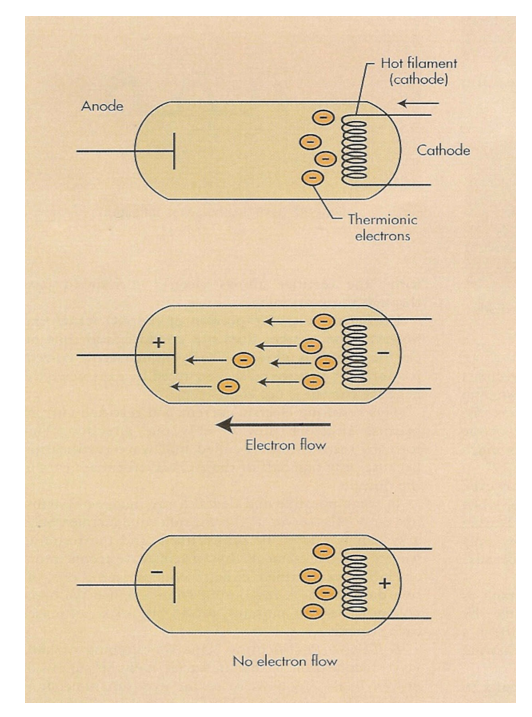 <p>negative current can not go through the anode</p>