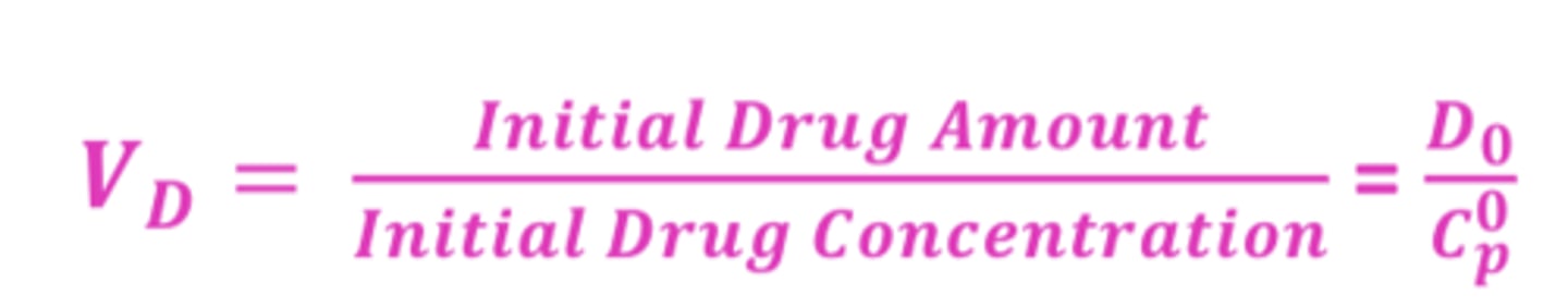 <p>VD = D0/Cp0</p><p>D0 = initial drug amount</p><p>Cp0 = initial drug concentration </p><p>(in units of volume/weight: ml, L, or ml/kg, L/kg)</p>