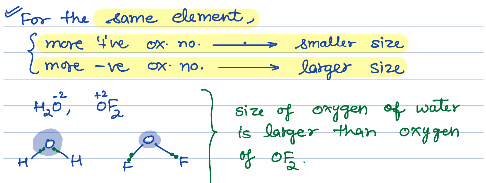 <p>size of oxygen in water and OF2 is not same because of oxidation number</p><p>-ve oxidation number means larger atom</p>