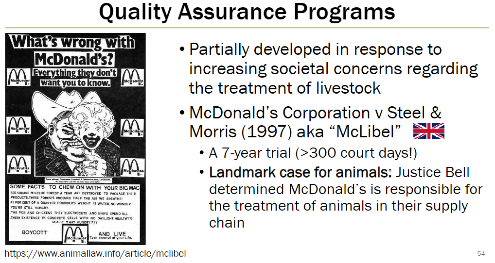 <p><strong>Purpose</strong><br> Partly developed in response to growing societal concerns about livestock treatment</p><p><strong>Landmark Case (Very Important Case for Legal Precedence)</strong><br> McDonald’s Corporation v Steel &amp; Morris (1997), aka “McLibel”<br> 7-year trial spanning over 300 court days<br> Justice Bell ruled McDonald’s is responsible for treatment of animals in their supply chain</p>