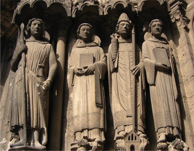 <p>Jamb-Figure of St. Theodore from the South Portal of Chartres Cathedral (France), c. 1230. Limestone</p>