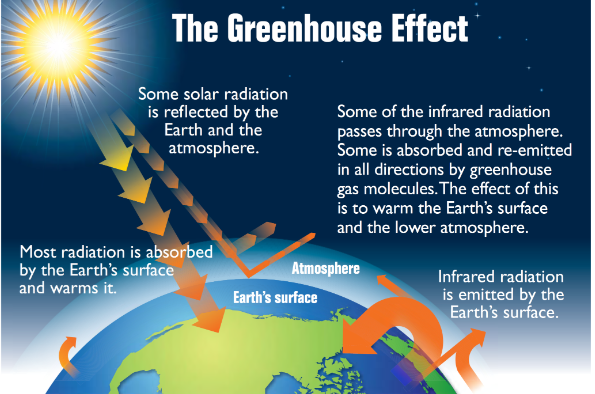 <p>way in which heat is trapped close to earth’s surface by greenhouse gases like  carbon dioxide, methane, nitrous oxide and water vapor (too much causes global warming)</p>