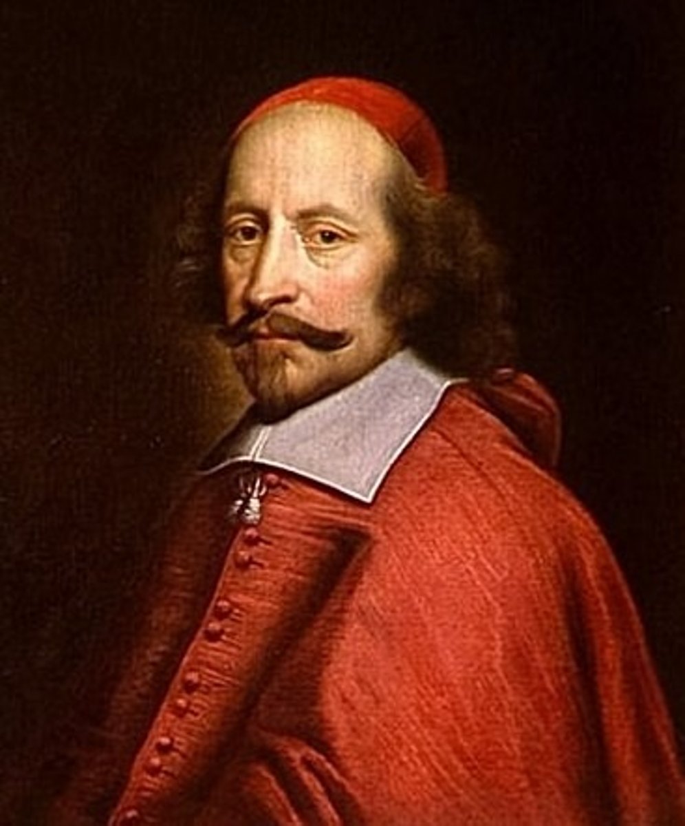 <p>(1602-1661), Successor of Cardinal Richelieu and his bad attempts to increase royal revenue and the state lead to the Fronde; ran the government while Louis VIII was still a child</p>