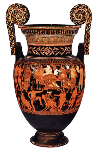 <p>410 BC<br>Named after a famous aulosplayer pictured <br>They are costumed for a satyr <br>Depicts an ancient theatrical scene<br>Used as evidence for neutral masks<br>Costumes highly decorated</p>