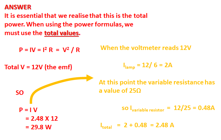 <p><strong><span>EXAMINAR REPORT</span></strong></p><p><span>45.7% were able to obtain both marks in (e). In (e), many students determined the power output across the lamp rather than the total power output of the battery.</span></p>