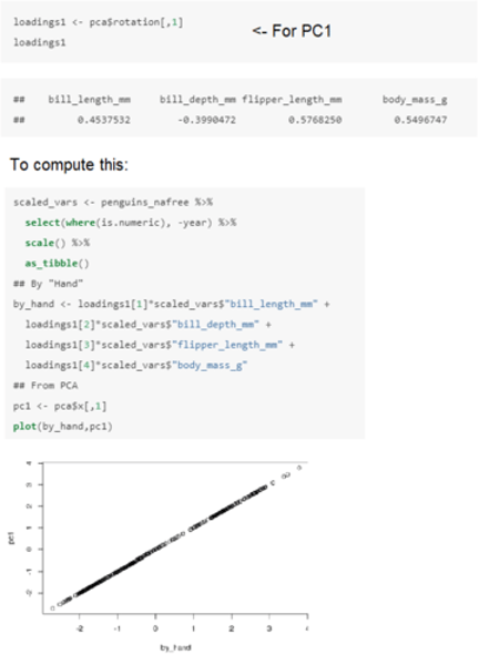 <p>The first Principal Component will be: <br>• 0.454 x Z1 - 0.399 x Z2 + 0.5678 x Z3 + 0.5497 x Z4 <br><br>where Z1, Z2, Z3 and Z4 are the scaled numerical variables from the penguins dataset (bill length, bill depth, flipper length and body mass respectively).</p>