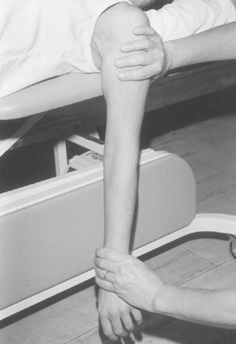 <p>Full forearm pronation and elbow extension</p>