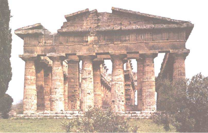 <p>Archaic Greek. This temple is one of the earliest surviving Greek temples. The bulging columns and spreading capitals are typical of Doric architecture of the Archaic period. The temple probably featured a Doric frieze of triglyphs and metopes, but none of this embellishment has survived.</p>