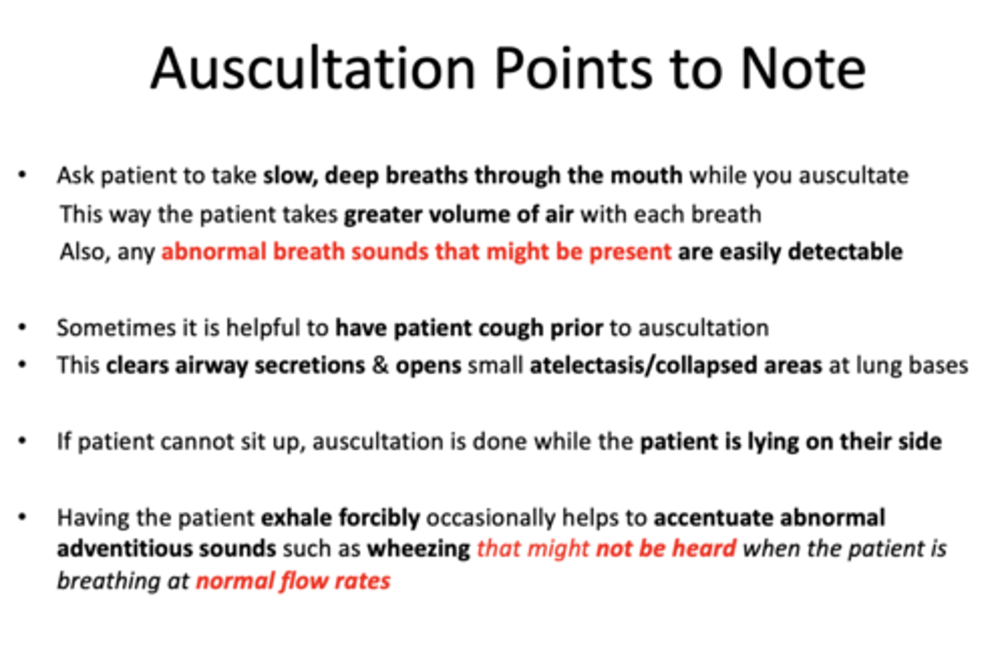 <p>Cough (clears airway secretions &amp; opens small atelectasis/collapsed areas at lung bases)</p>