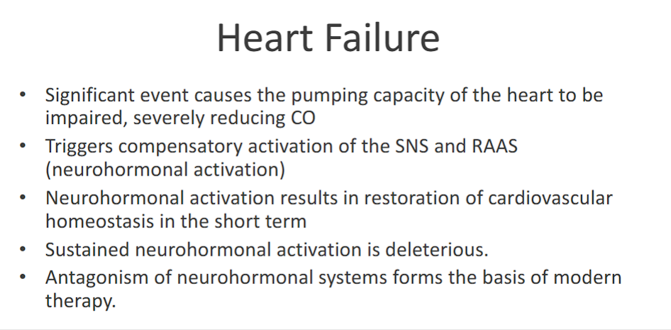 <p><strong><span>1. The Initial Insult ("Significant Event")</span></strong></p><ul><li><p class="ds-markdown-paragraph"><span>Myocardial infarction (most common), hypertension, valvular heart disease, cardiomyopathy, etc.</span></p></li><li><p class="ds-markdown-paragraph"><strong><span>Effect:</span></strong><span> Damaged or overworked heart muscle leads to </span><strong><span>impaired pumping capacity</span></strong><span> and a </span><strong><span>severely reduced Cardiac Output (CO)</span></strong><span>.</span></p></li></ul><p><strong><span>2. Compensatory Neurohormonal Activation</span></strong></p><p class="ds-markdown-paragraph"><span>The body misinterprets the low CO as a sign of low blood volume/pressure and activates its classic "rescue" systems:</span></p><p class="ds-markdown-paragraph"><strong><span>Sympathetic Nervous System (SNS):</span></strong><span> The first and fastest responder.</span></p><ul><li><p class="ds-markdown-paragraph"><strong><span>Goal:</span></strong><span> Increase CO and BP.</span></p></li><li><p class="ds-markdown-paragraph"><strong><span>Effects:</span></strong><span> Tachycardia, increased contractility, and systemic vasoconstriction.</span></p></li></ul><p class="ds-markdown-paragraph"><strong><span>Renin-Angiotensin-Aldosterone System (RAAS):</span></strong><span> A slower but powerful hormonal response.</span></p><ul><li><p class="ds-markdown-paragraph"><strong><span>Goal:</span></strong><span> Increase blood volume and BP.</span></p></li><li><p class="ds-markdown-paragraph"><strong><span>Effects:</span></strong><span> Angiotensin II causes potent vasoconstriction and thirst. Aldosterone causes sodium and water retention.</span></p></li></ul><p><strong><span>3. The Double-Edged Sword: Short-Term Gain vs. Long-Term Pain</span></strong></p><p class="ds-markdown-paragraph"><strong><span>Short-Term Restoration of Homeostasis:</span></strong><span> Initially, these responses are beneficial. They help maintain blood pressure and perfusion to vital organs by:</span></p><ul><li><p class="ds-markdown-paragraph"><span>Supporting a failing heart rate and contractility.</span></p></li><li><p class="ds-markdown-paragraph"><span>Maintaining central blood volume.</span></p></li></ul><p class="ds-markdown-paragraph"><strong><span>Sustained Deleterious Effects:</span></strong><span> When these systems remain chronically active, they become toxic to the cardiovascular system:</span></p><p class="ds-markdown-paragraph"><strong><span>Tachycardia &amp; High Contractility:</span></strong><span> Increase myocardial oxygen demand, straining the failing heart and potentially leading to arrhythmias.</span></p><p class="ds-markdown-paragraph"><strong><span>Vasoconstriction:</span></strong><span> Increases the </span><strong><span>afterload</span></strong><span> (the pressure the heart must pump against). This further reduces stroke volume and CO, worsening the heart's efficiency.</span></p><p class="ds-markdown-paragraph"><strong><span>Sodium &amp; Water Retention:</span></strong><span> Increases the </span><strong><span>preload</span></strong><span> (the volume of blood the heart must pump). In a stiff, failing heart, this leads to elevated filling pressures, causing pulmonary congestion (shortness of breath) and peripheral edema (swelling).</span></p><p><span style="color: red;"><strong><span>The Result:</span></strong></span><span style="color: red;"><span> A </span></span><span style="color: red;"><strong><span>vicious cycle</span></strong></span><span style="color: red;"><span> where the very mechanisms meant to save the system end up accelerating its decline.</span></span></p>