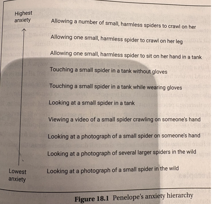 <ul><li><p>replacing anxiety with relaxation by constructing a fear hierarchy (pg. 175, in this example the fear is of spiders)</p></li><li><p>start with fear-related thing that would cause the least anxiety. once that can be accomplished without anxiety (by using relaxation techniques) you move up to the next level</p></li></ul><p></p>