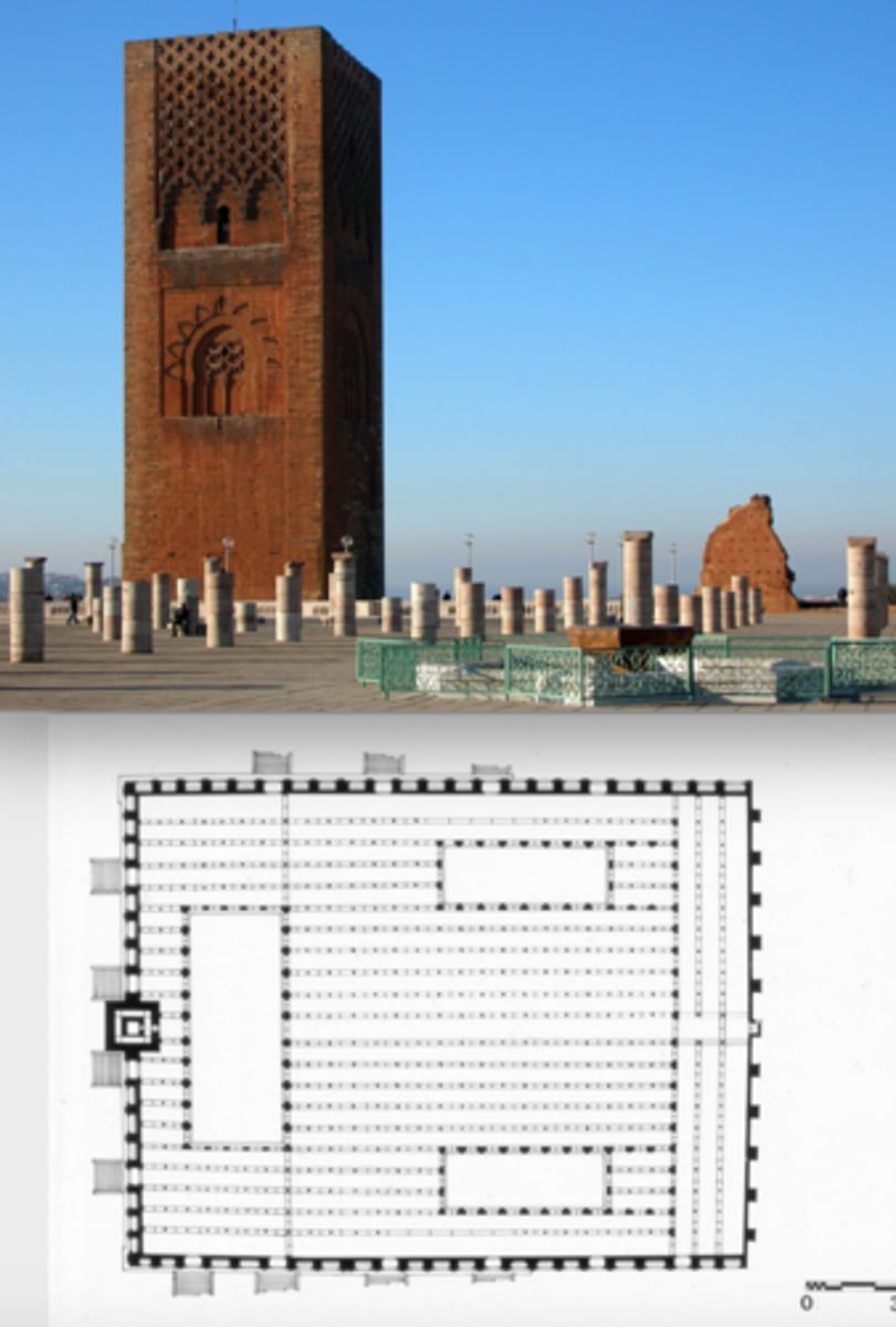 <p>Rabat; 12th Century; Almohad; Mosque</p><p></p><p>Was never finished, minaret was ⅔ done (40 meters high but meant to be 70 meters), the minaret was meant to represent power and strength</p><p>Patron intended for the mosque to be the tallest mosque in the west</p><p>Had 3 courtyards instead of one, probably to allow light and air into prayer halls</p><p>Had 3 qibla isles, also had sebka panel of interlacing arches</p>