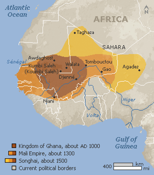 <p>Capitalizing on the Saharan trade routes, Mali traded gold &amp; salt. Embraced Islam as well. notably under Mansa Musa.</p>