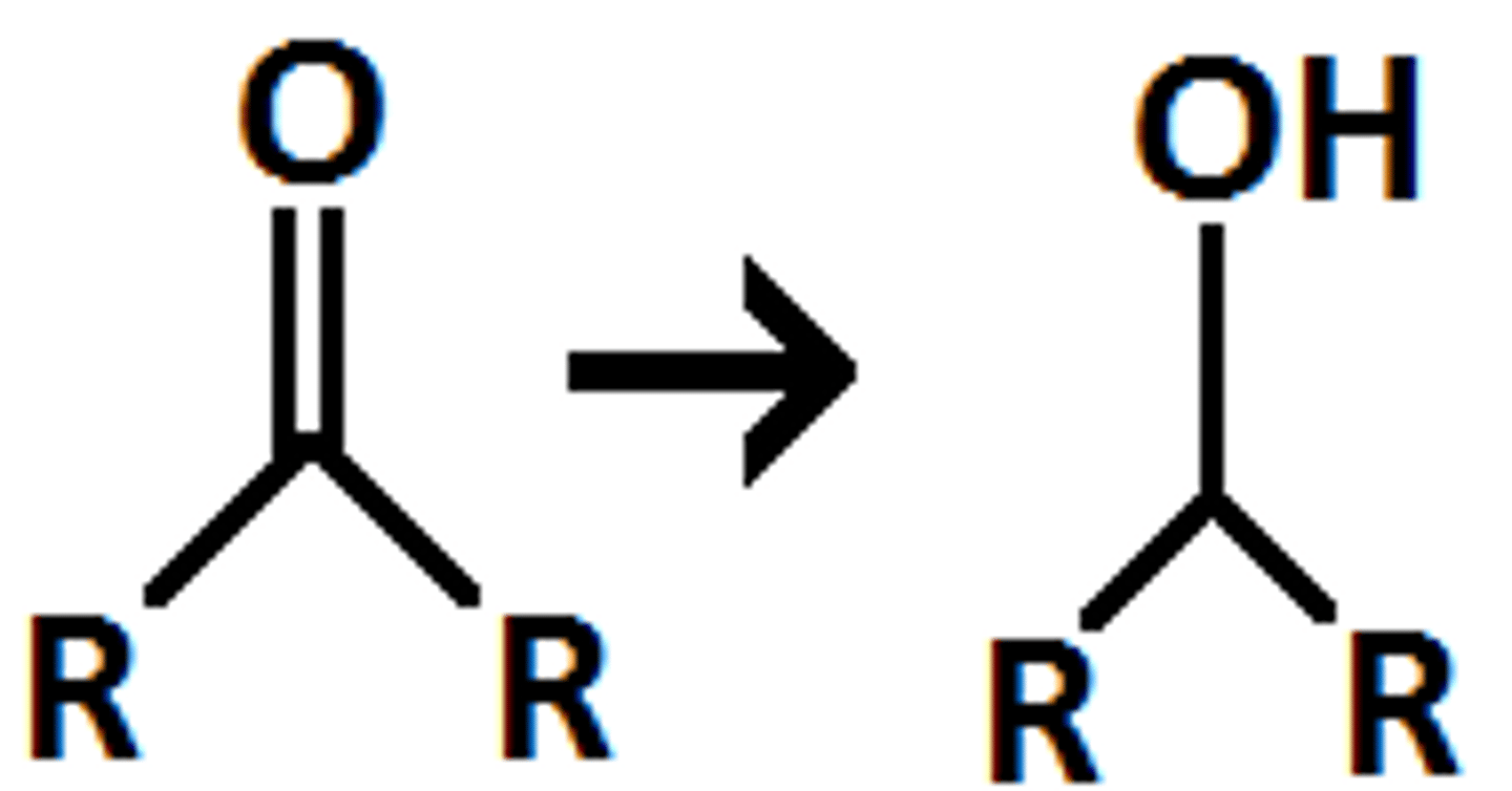 <p>ketone → 2º alcohol</p><p>aldehyde → 1º alcohol</p><p>weak reducer</p>