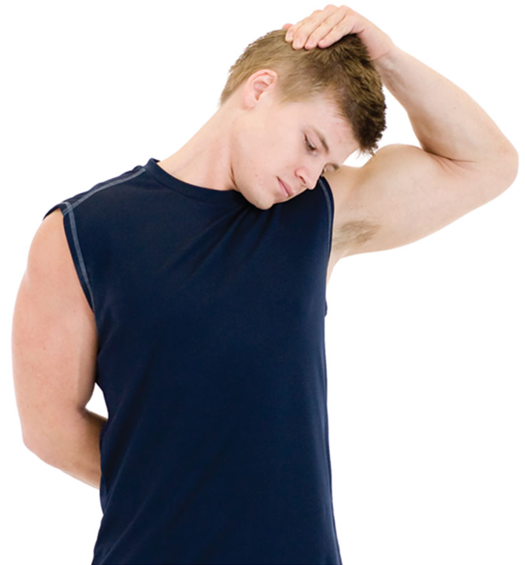 grasp the top of the head with one hand and laterally flex toward the same shoulder

next, slightly rotate the head to look in the axillary (armpit) region as shown

do not allow the chin to jut forward or shoulders to shrug during this stretch