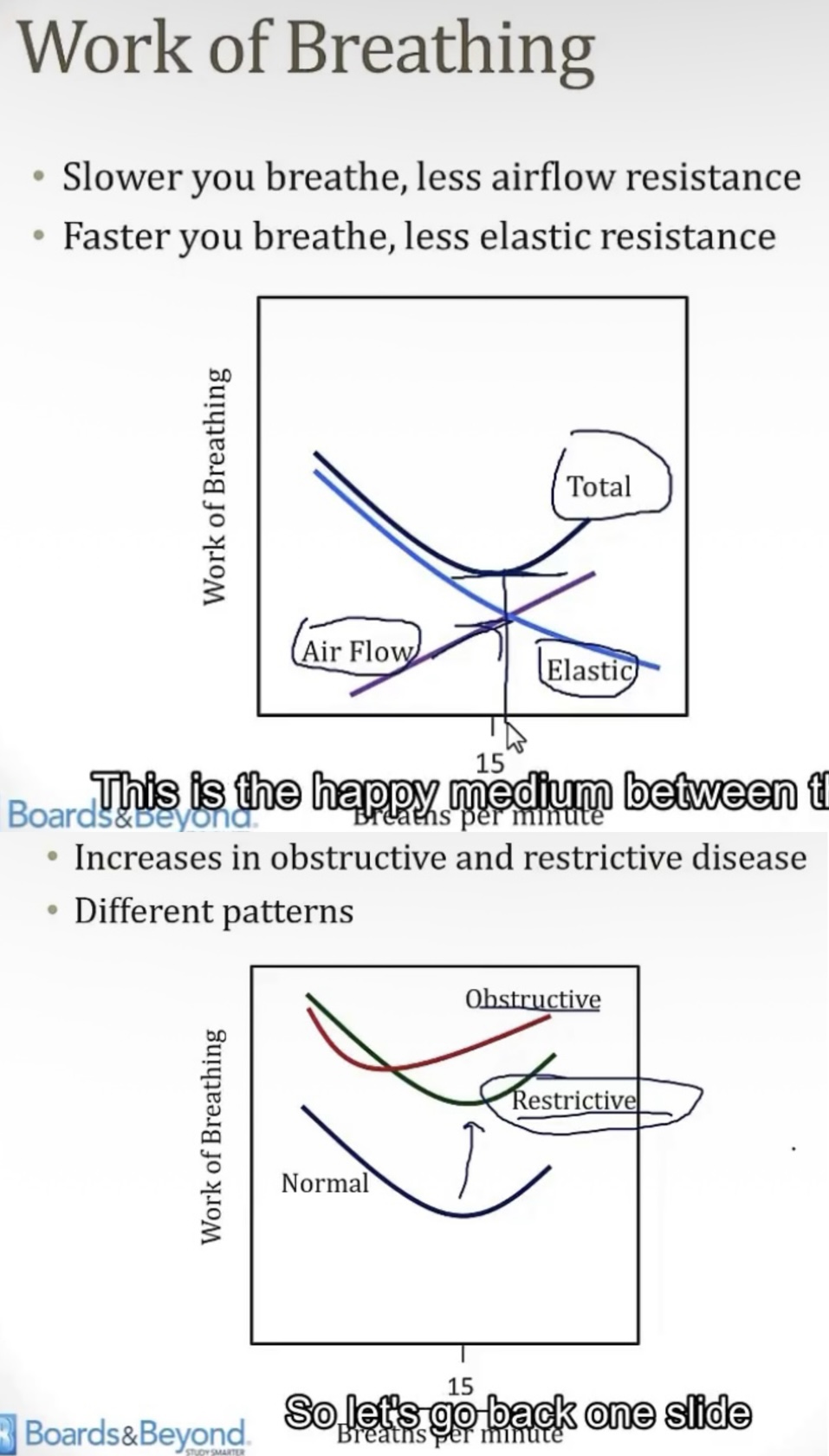 <p>-resistance</p><p>-airflow resistance; elastic resistance</p><p>AIRFLOW RESISTANCE…</p><p>-lower</p><p>-turbulent; laminar</p><p>ELASTIC RESISTANCE…</p><p>-lower</p><p>-this is because with a faster respiratory rate, the alveoli don’t have as much time to deflate as if you were breathing slowly, so there’s less elastic resistance to overcome, since they’re not as inflated</p>