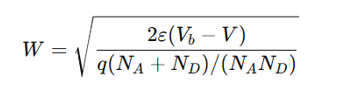 <p>where:</p><ul><li><p>ε = Permittivity of semiconductor</p></li><li><p>V_b<span style="font-family: Arial, sans-serif">​</span> = Built-in voltage</p></li><li><p>V = Applied voltage</p></li><li><p>N_A, N_D<span style="font-family: Arial, sans-serif">​</span> = Acceptor/donor concentrations</p></li><li><p><strong>Larger V_b</strong><span style="font-family: Arial, sans-serif"><strong>​</strong></span><strong> → Wider depletion region.</strong></p></li></ul><p></p>