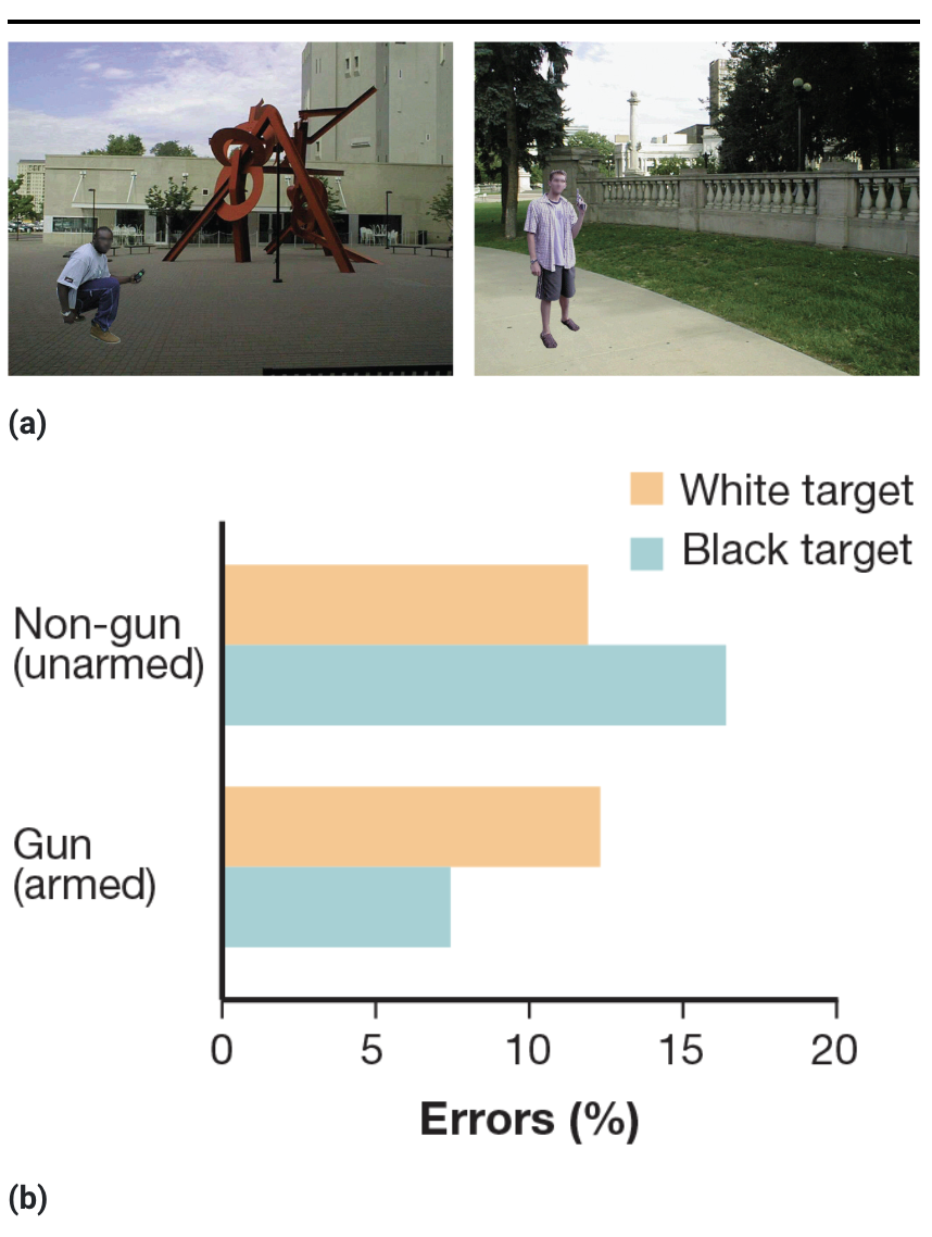 <p>participants more likely to assume objects held by Black people are guns or weapons even when they’re not</p>