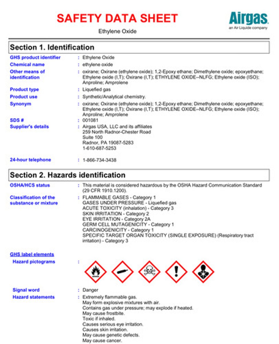 <p>gas used to sterilize surgical instruments and other supplies</p><p>1910,1047</p><p>AL = 0.5 ppm</p><p>PEL = 1 ppm</p><p>STEL = 5 ppm</p>