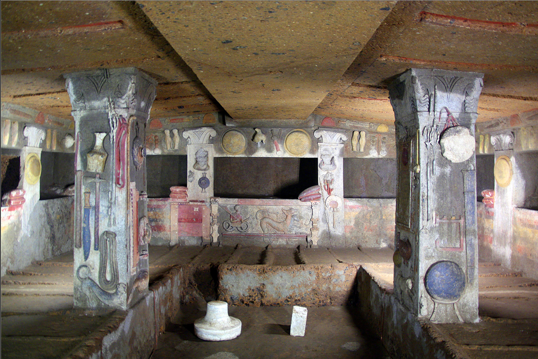 <ul><li><p>Usually it's a family tomb, located at a Necropolis</p></li><li><p>Made for families with a lot of wealth</p></li><li><p>Painted stucco reliefs</p></li><li><p>Stools, mirrors, drinking cups, and other items are reminders of the living houses</p></li></ul><p></p>