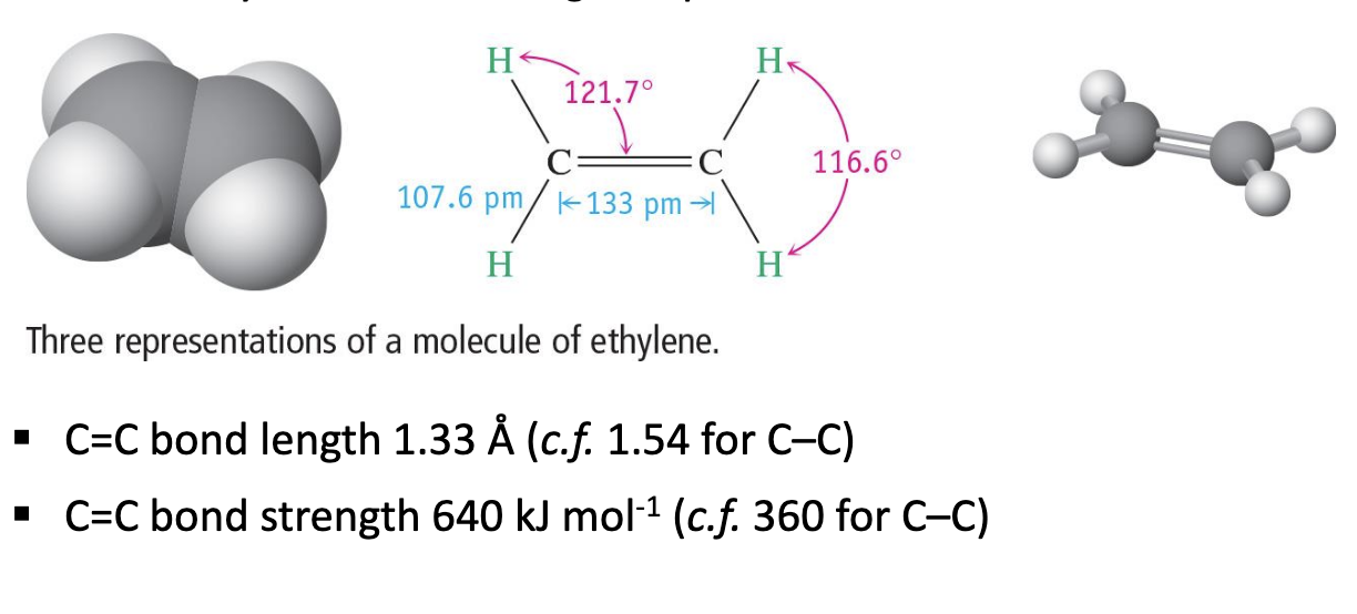 <p>CnH2n</p><p></p><p>Planar arrangement of atoms (flat molecule).<br><br>Geometry of carbons is trigonal planar.</p><p></p>