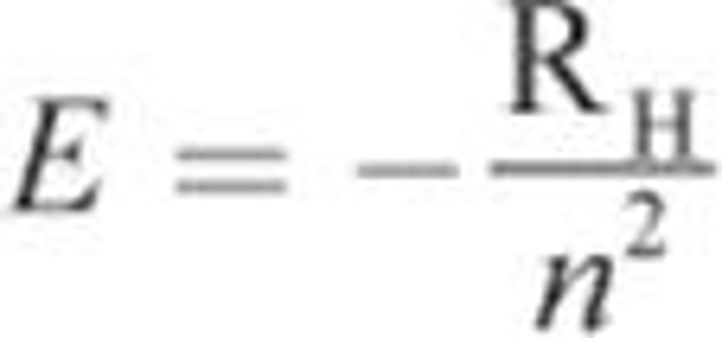 <p>- E is the energy of the electron</p><p>- RH: Rydberg unit of energy; 2.18*10^-18 J/electron</p><p>- n: Principal quantum number</p><p>- Due to the negative sign, (E) is directly proportional to the principal quantum number (n)</p><p>- Positive E: Emission of energy (electrons move to orbits of lower energy)</p><p>- Negative E: Absorption (color we see is the light that is not absorbed by the compound)</p><p>- Part of Bohr Model</p>