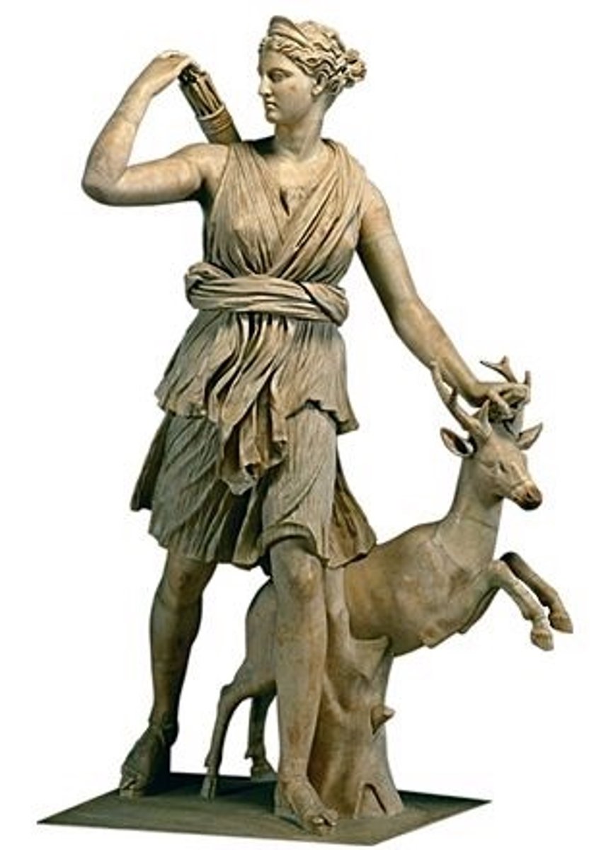 <p>[Artemis]</p><p>goddess of the hunt and moon, symbols are deer, silver bow and arrow</p>