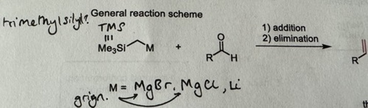 <p>Olefination mediated by an alpha-silyl carbanion </p><p>1) addition - requires addition of Grignard reagent first</p><p>2) elimination</p>