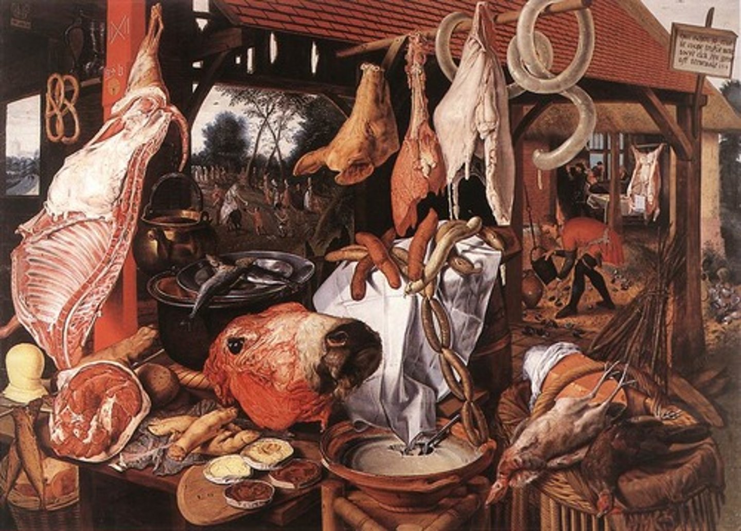 <p>it has moral message in the back, it is mary and joseph fleeing to Egypt, in the other side there is a party going on, there is oyster in the picture as well, they believe If people eat oyster they will have sexual stimulation, it is a charity life in the middle side back, makes it an inverted perspective, the religious symbol is the two fish representing Christ, the Christian belief</p>