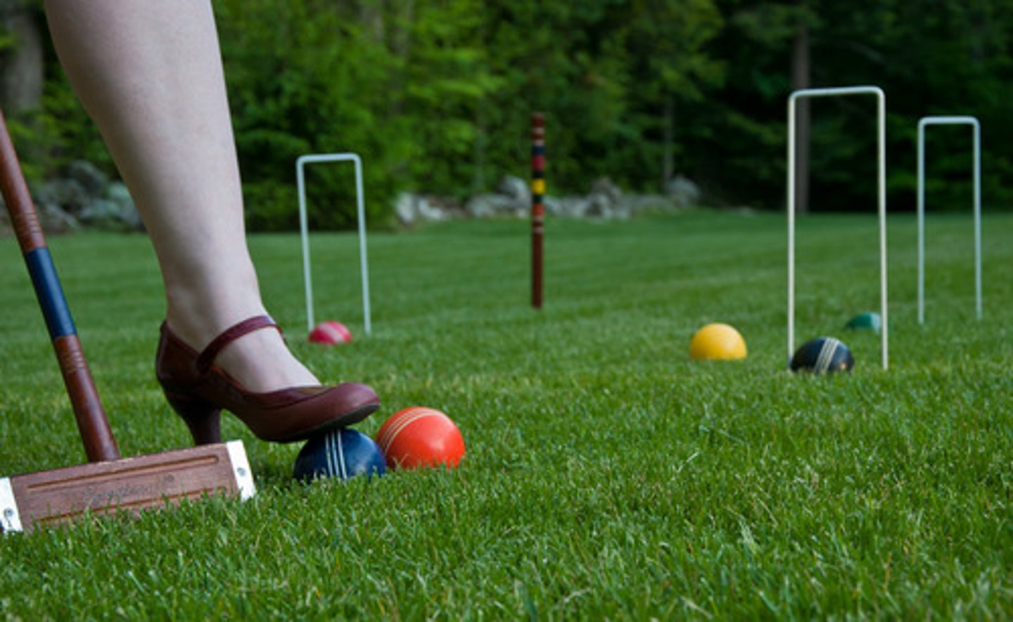 <p>a lawn game in which players hit a wooden ball through a series of hoops</p>