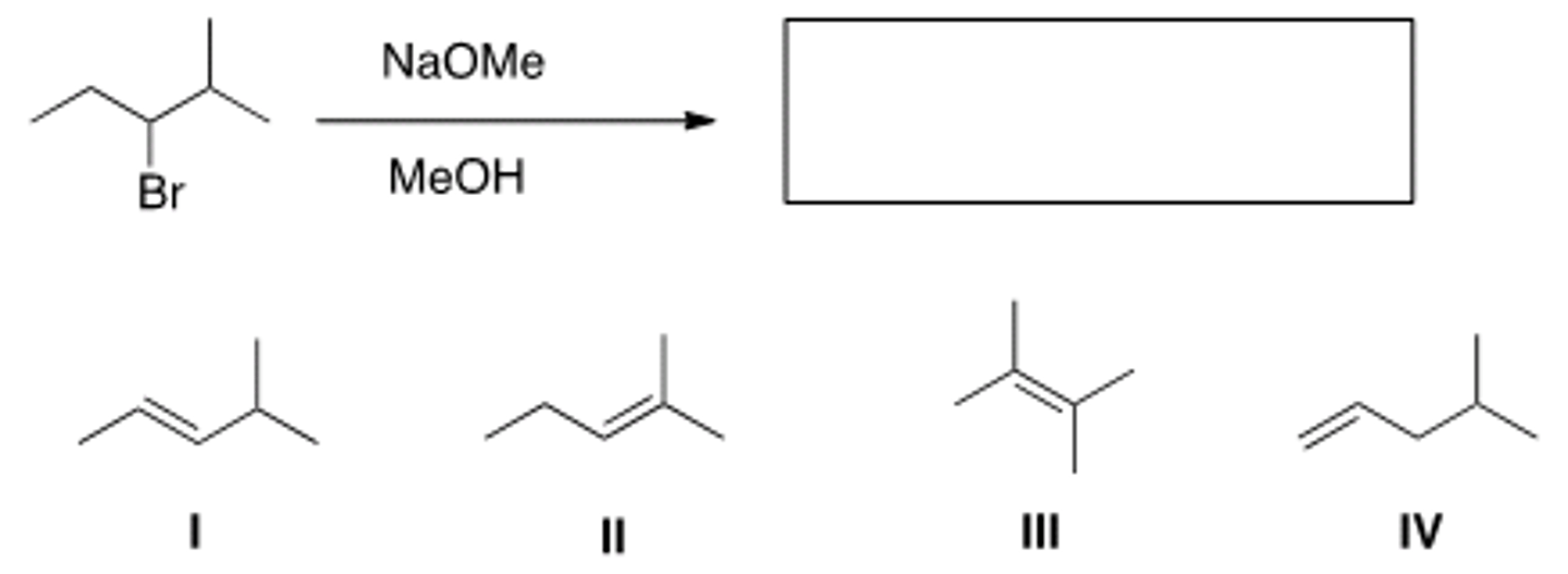<p>What is the major elimination product obtained from the following reaction?</p><p>A) I B) II C) III D) IV</p>