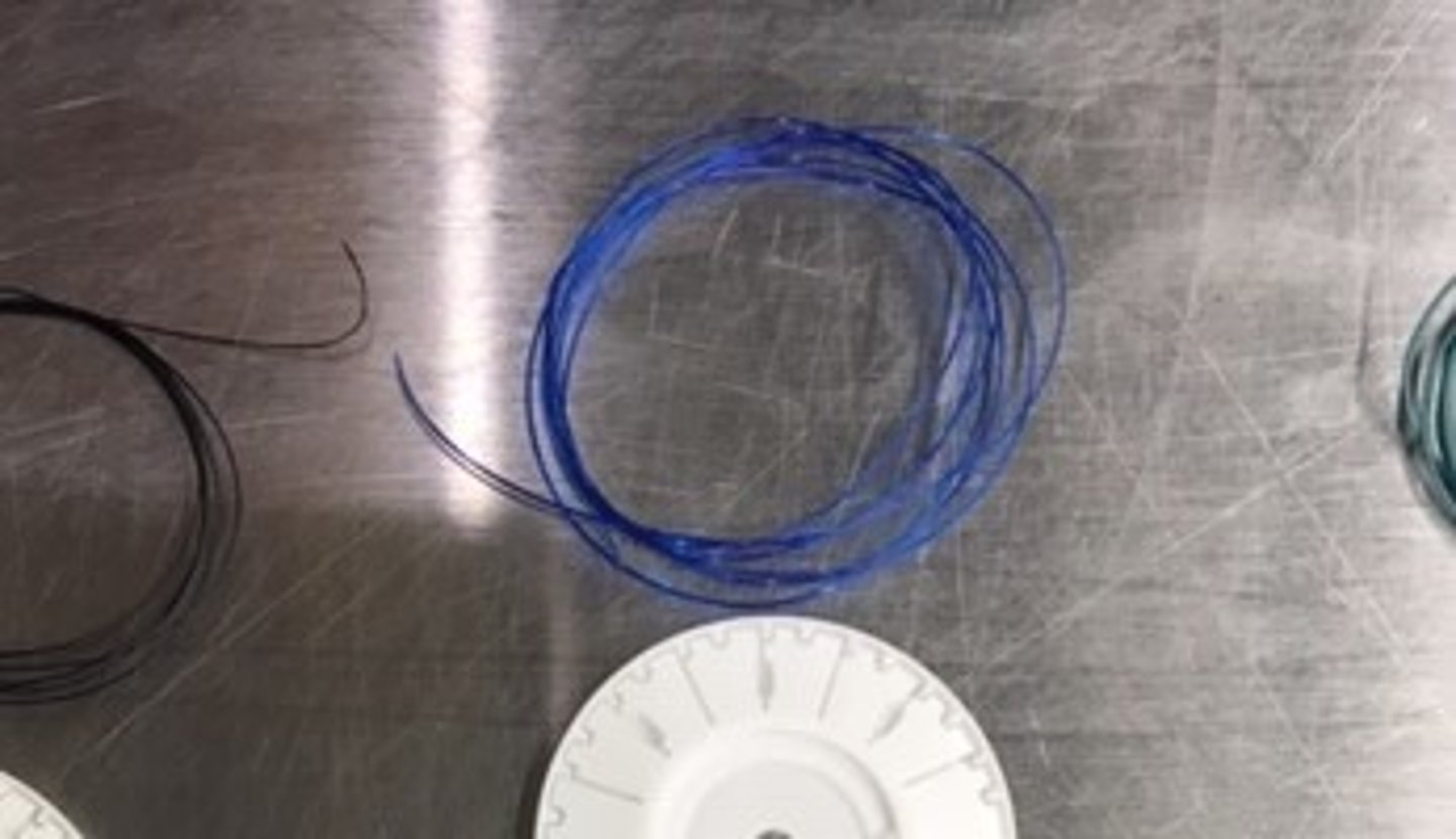 <p>Which suture type?</p><p>nonabsorbable</p><p>monofilament</p><p>typically dyed</p><p>wound closures - infected, contaminated</p><p>lack of tissue adherence</p><p>used in wounds with high tension</p>