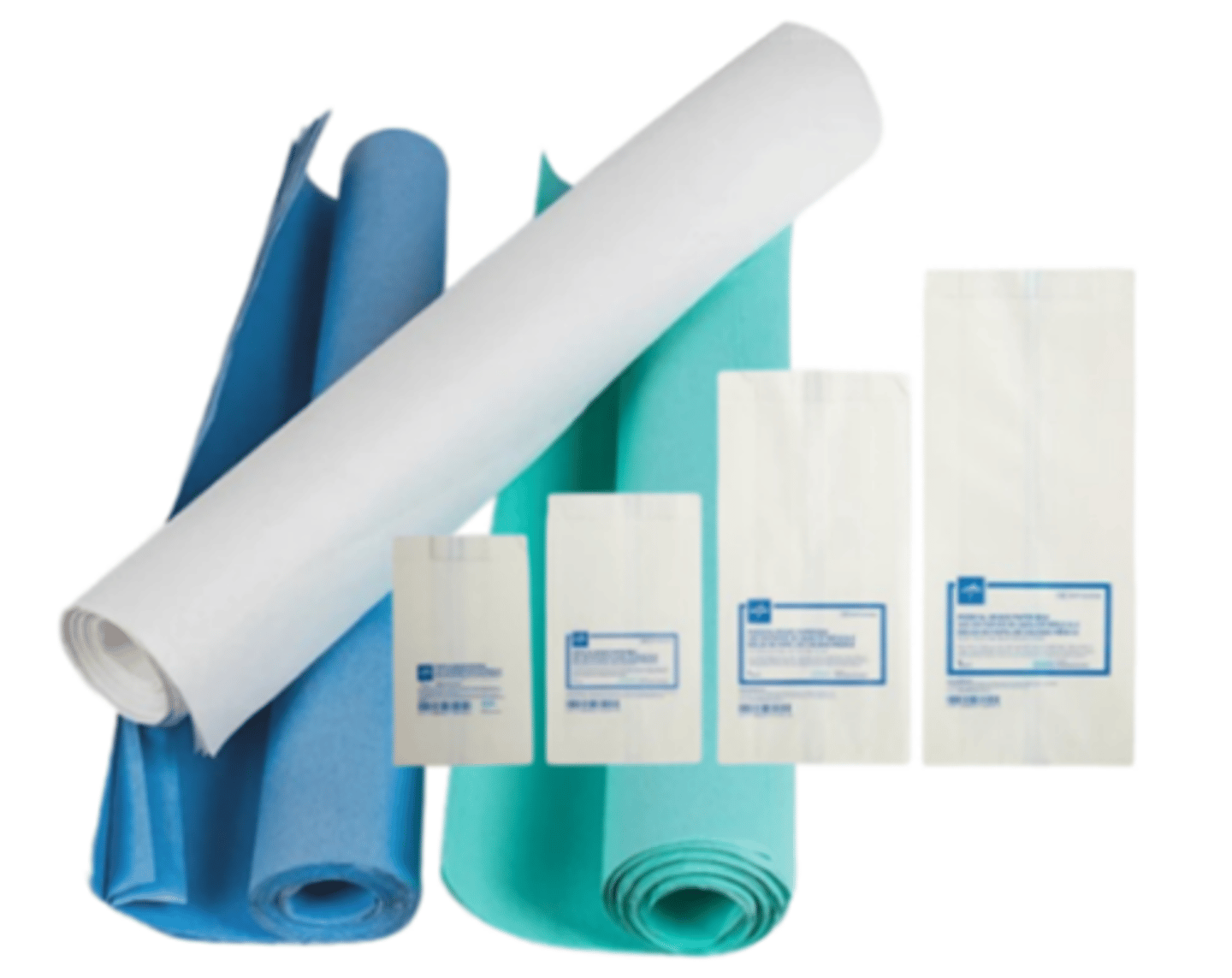 <p>a medical-grade paper commonly used for sterilization packaging, available as pouches or flat wraps (non-woven, disposable)</p>