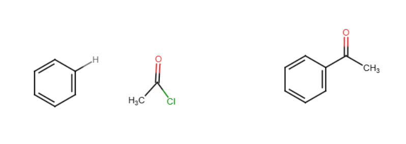 <p>Benzene reacts with an acid chloride (RCOCl) and acid, typically AlCl3, to form an aryl ketone</p>